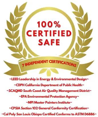Certification badge stating '100% Certified Safe' with logos and details of 7 independent certifications for eco-friendly products.
