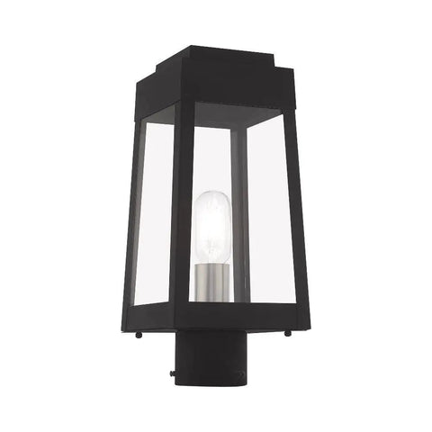 Oslo One Light Outdoor Post Top Lantern in black finish with clear glass, solid brass construction for front porch or garden.