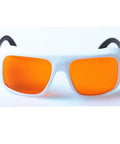 Top Shelf Teal Laser Safety Glasses With OD 5 Plus Shielding Two Hundred Through Five Hundred Forty Nanometers front view with orange lenses and white framework.