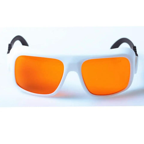 Top Shelf Teal Laser Safety Glasses With OD 5 Plus Shielding Two Hundred Through Five Hundred Forty Nanometers front view with orange lenses and white framework.