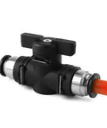 Three Eighths Inch OD Pneumatic Ball Valve Push To Connect Air Flow Control Valve With Quick Lock No Tools Needed For Easy Tubing With PU PA PE PVC 0 To 145 PSI 30 To 150 Fahrenheit showing black plastic and copper valve with orange tubing.