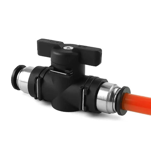 Three Eighths Inch OD Pneumatic Ball Valve Push To Connect Air Flow Control Valve With Quick Lock No Tools Needed For Easy Tubing With PU PA PE PVC 0 To 145 PSI 30 To 150 Fahrenheit showing black plastic and copper valve with orange tubing.