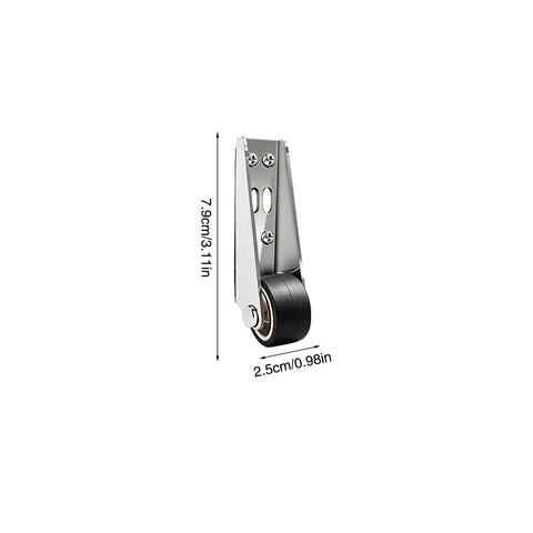 Low Profile Door Bottom Rollers, Anti Sag Repair Kit With Three Tough Steel Wheels, close-up view of metal bracket with black rubber wheel.