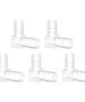 Front-view pack of 5 white plastic Quickun 3/8 inch hose barb 90-degree elbow L-fitting, 2-way barbed joint