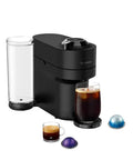 Vertuo Pop Plus Deluxe Coffee And Espresso Maker By DeLonghi In Black Matte With Dark Chrome, brews multiple cup sizes, shown with coffee and capsules.