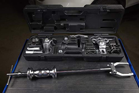 9 Way Slide Hammer Puller Set Heavy Duty Black Finish With Internal And External Jaws, case open showing parts and hammer