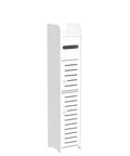 Slim Over Toilet Storage Cabinet for Small Bathrooms, narrow white floor organizer with two doors and adjustable shelves