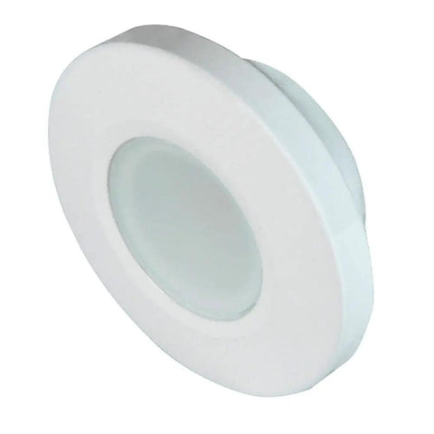 Orbit White Flush Mount Down Dimmable Light With Blue Accent Ultra Slim Weatherproof Boat Cabin Ceiling Fixture side view