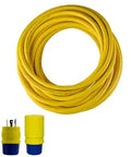 Heavy Duty 50 Foot Industrial Power Cord Set Featuring Secure Twist Lock Nema L6 30 Plugs And Receptacles coiled, showing yellow SOOW wire.