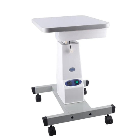Pro Grade Motorized Optical Instrument Table With Adjustable Height For Slit Lamp And Eyeglass Measurements In Vision Clinics And Optical Stores, 15.75 By 18.9 Inches, Heavy Duty H Shaped Base, white tabletop with controls.