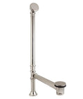 Slick Polished Nickel Bathtub Drain With Smart Double Swivel Toe Touch Waste And Overflow Assembly That Sets Up Fast Hassle Free Fits Standard One Point Five Inch Pipes Rock Solid Brass Construction shown from the side with a smooth finish.