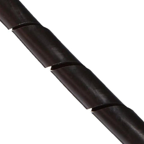 Close-up of black spiral cable wrap tube resembling 11mm ID by 12mm OD Spiral Cable Wrap Tube 10 Meter Roll Clear White PE Wire Organizer.