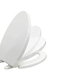 Elongated Toilet Seat With Slow Close Lids Easy To Install And Clean Durable White Plastic Replacement For Standard Elongated Oblong Or Oval Toilets Quiet Soft Close Sturdy And Simple To Mount featuring lid in slow-close motion