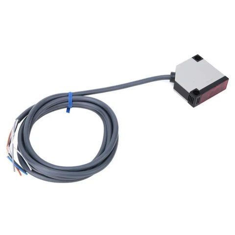 Photoelectric Sensor With Diffuse Reflection 50-300mm Adjustable Range IP65 Rugged ABS Housing with cable shown in the image.