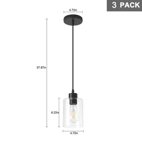 Dimmable Black Farmhouse Glass Cylinder Pendant Light for Kitchen Island Clear Glass Mini Pendant Fixture with 4.75 Inch Shade