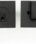 Square Deadbolt Matte Black Single Cylinder Lock With Easy Installation Keyed On One Side And Inner Turn Lock Contemporary Sleek Front Door Security Hardware For Modern Homes showing front and inner view