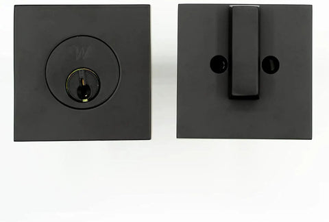 Square Deadbolt Matte Black Single Cylinder Lock With Easy Installation Keyed On One Side And Inner Turn Lock Contemporary Sleek Front Door Security Hardware For Modern Homes showing front and inner view