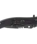 Side view of Klein Tools 44228 folding pocket knife, black handle with stainless steel blade, belt clip