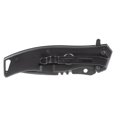 Side view of Klein Tools 44228 folding pocket knife, black handle with stainless steel blade, belt clip