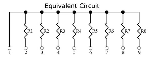 Schematic of a thick-film resistor network with eight resistors labeled R1–R8 connected to a common bus.