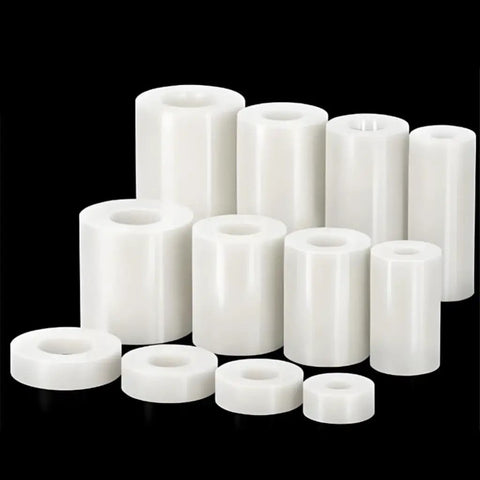 Ten Piece White Nylon Spacer Bracket Kit With Non Conductive PA66 Gaskets, 16mm And 18mm Outer Diameters, 10mm And 12mm Inner Diameters, 2mm Length, The Go To Spacer Set For Electrical, Automotive, And DIY Projects, white PA66 spacers
