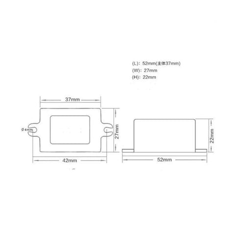 Dimensions diagram of Compact Waterproof 12V To 9V Buck Converter DC-DC Power Module, 1.7A Output, 15W, Rugged Mini Step-Down Supply.