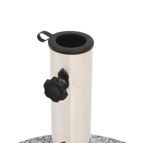 Granite Round Parasol Base 44 Lb Heavy Duty Umbrella Stand With Two Adapters for pole sizes, shown with adjustable knob and steel tube.