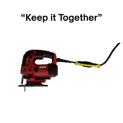 A red power tool with a Three Pack Universal Cord Clamp Extension Cord Safety Connector Cover And Outdoor Cord Holder attached to the cord.