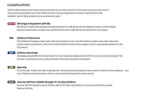 Image showing classifications for GM parts: GM Original Equipment, ACDelco Professional, Advantage, Specialty, Genuine GM Parts.