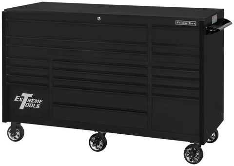 Badass Heavy Duty Rolling Tool Cabinet With Extra Wide Drawers Full Extension Ball Bearing Slides Reinforced Steel Frame Smooth Magnetic Casters Black Finish Solid As A Rock Garage Shop side view of black rolling tool cabinet on wheels.