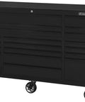 Badass Heavy Duty Rolling Tool Cabinet With Extra Wide Drawers Full Extension Ball Bearing Slides Reinforced Steel Frame Smooth Magnetic Casters Black Finish Solid As A Rock Garage Shop, viewed from the front with multiple drawers.