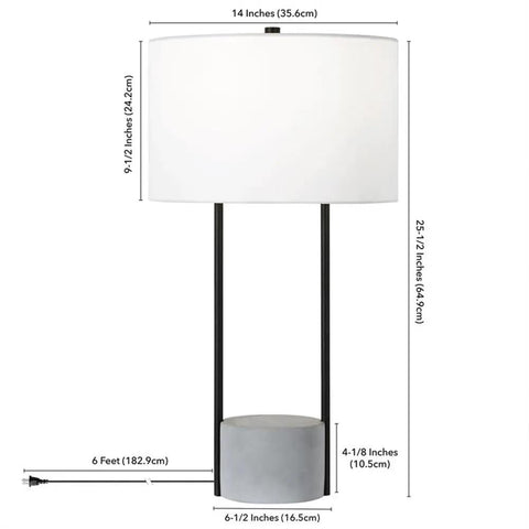 65.5 Inch Tall Floor Lamp With White Drum Shade In Blackened Bronze And Concrete Finish with measurements