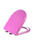 D Shape Soft Close Toilet Seat With Quick Release Pins And No Slam Shut Design For Effortless Bathroom Cleanup In Vibrant Rose Red viewed from the side.