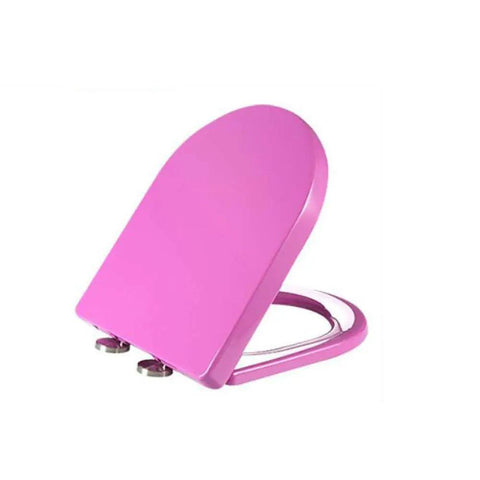 D Shape Soft Close Toilet Seat With Quick Release Pins And No Slam Shut Design For Effortless Bathroom Cleanup In Vibrant Rose Red viewed from the side.
