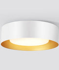 Round Modern LED Ceiling Light With Wood Metal And Acrylic Finish, Soft Neutral Glow, in white and gold, mounted flush to ceiling
