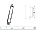 Tanklike Marine Grade 316 Stainless Steel Turnbuckle Body for 5/8 Inch Ropes and Chains 2800 Pound WLL showing dimensions.