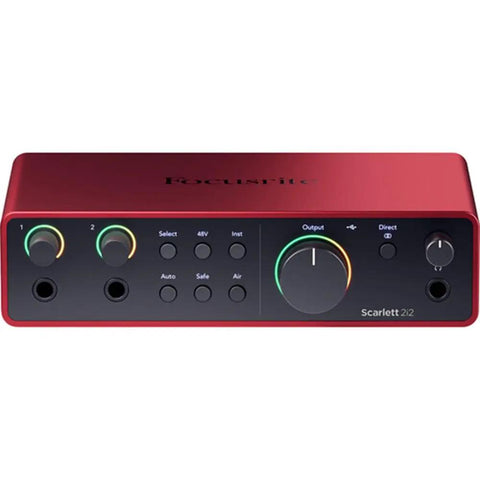 Scarlett 2i2 USB-C Audio Interface 4th Gen front view with control knobs and inputs for home studio recording