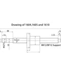 Drawing of Heavy Duty 1000mm SFU1605 C5 Grade Ballscrew Kit With Nut Housing And Coupler dimensions and support details.