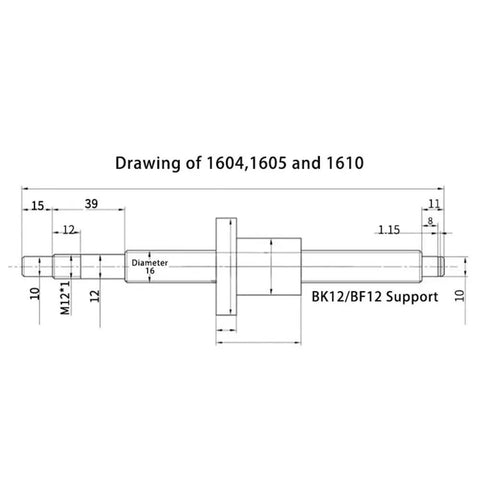 Drawing of Heavy Duty 1000mm SFU1605 C5 Grade Ballscrew Kit With Nut Housing And Coupler dimensions and support details.