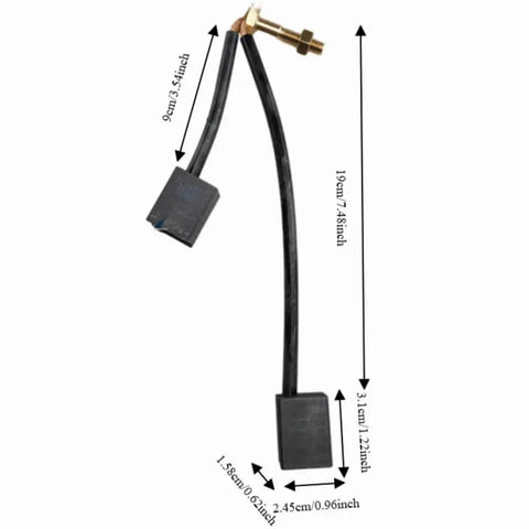 2 Pack JU2-H1801-00 Golf Cart Motor Brushes Direct Replacement For Yamaha G14 G16 G19 G22 G29 Drive Models Hitachi DM430-06 Motor OEM Quality Performance And Maintenance Grade Electrical Contact For Smooth Power And Longer Life. Each brush has detailed dimensions and features attached spring.