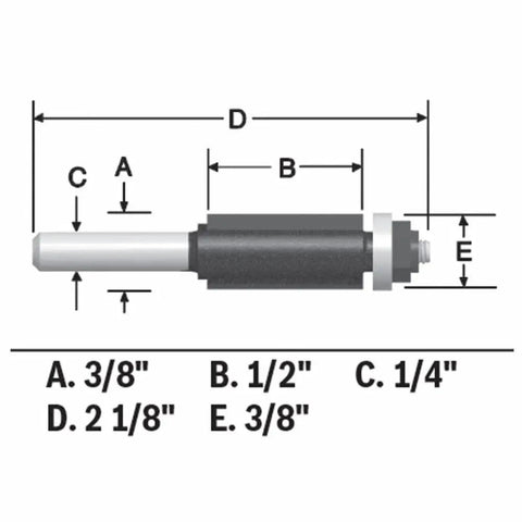 Diagram of Carbide Tipped 2 Flute Flush Trim Bit, 3/8 In Shank By 1/2 In Cutting Diameter with dimensions and labels.