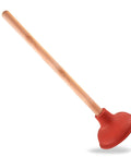 Heavy Duty 6 Inch Rubber Force Cup Plunger With A Trusty 18 Inch Wooden Handle To Blast Away Pesky Blockages In Kitchen Sinks Bath Tubs And Floor Drains Hassle Free, angled view with red rubber cup.
