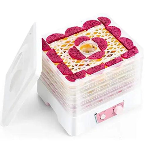 Total Game Changer Five Tier Food Dehydrator Machine For Drying Beef Jerky Fruits And Veggies With 360 Air Flow And Adjustable Heat Control, showing stacked trays of dried fruits.