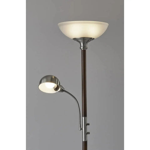 Lexington 71 Inch Two Light Floor Lamp in Walnut Finish With Up Lighting Alabaster Glass Dome Shade and Adjustable Reading Light