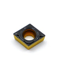 CCMT carbide turning insert with gold-coated body and center through-hole.