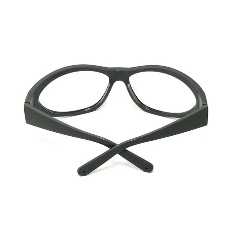 Badass Heavy Duty CO2 Laser Safety Glasses Packing Hardcore OD6 Shielding Across The 9000 To 11000 Nanometer Range With Slick Clear Lenses viewed from the back.