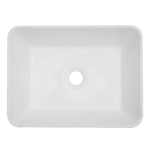 Top view of Rectangular White Vessel Sink 16 By 12 Inch Modern Above Counter Porcelain Ceramic Vanity Basin For Home Bathroom Remodel Easy To Clean Non Porous Glaze Durable Sleek Contemporary Countertop Sink.