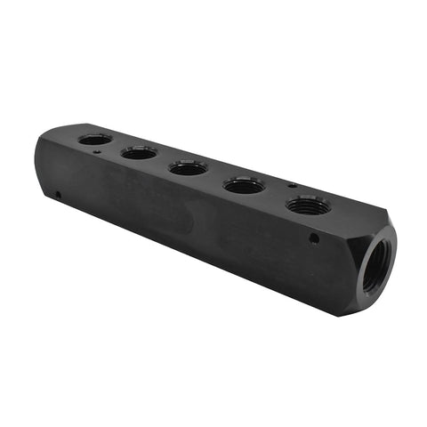 Aluminum Rectangle Pneumatic Manifold With Two Inlets And Five Outlets, Black Anodized Finish, Heavy Duty Air Distribution Block