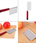 Haofy potato crinkle cutter with stainless steel wavy blade and red handle, front view.
Haofy crinkle cutter from the side; red handle, stainless steel wavy blade.
Close-up of Haofy stainless steel wavy blade and red handle crinkle cutter.
Haofy crinkle cutter on wooden cutting board; red handle, stainless steel blade.