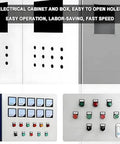 Electrical cabinet with punched holes showing use of Cordless Rechargeable Hydraulic Hole Punch Kit With LED Display And Multiple Dies